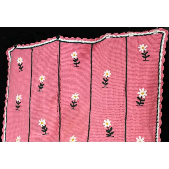 Hand Crochet Pink White Flower Pattern Green Blanket Throw Afghan Over Sized - Picture 4 of 12